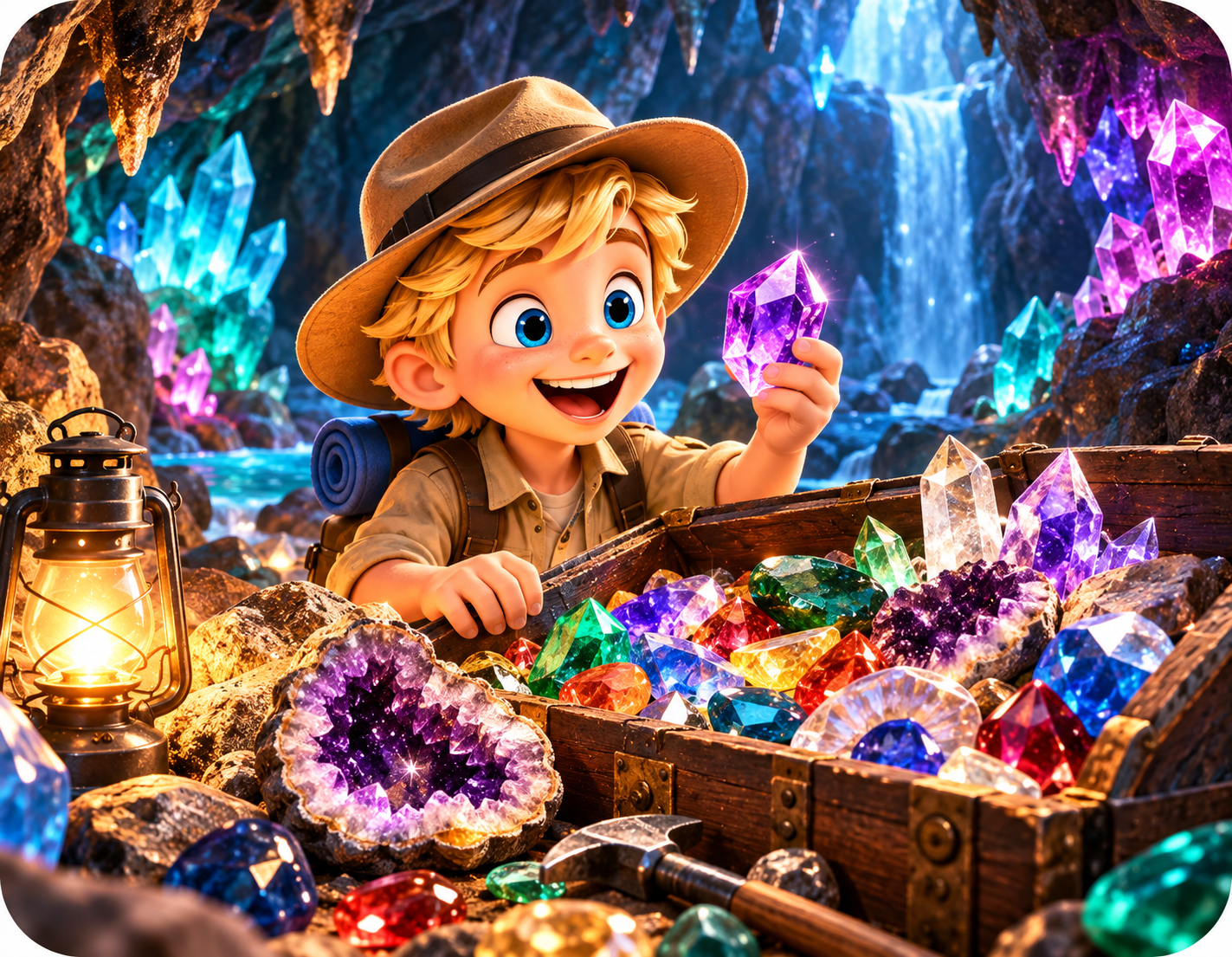 A young explorer in a glowing crystal cave holding up a purple gem beside a chest of colorful gemstones and a geode