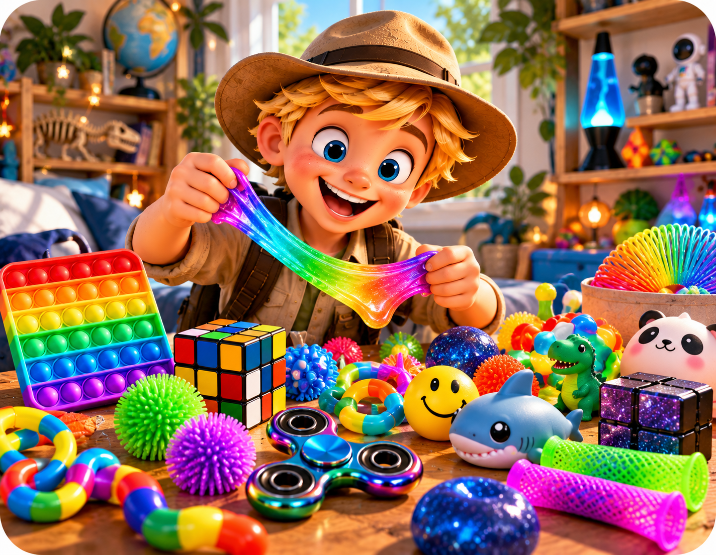A young explorer stretching rainbow slime at a table covered in pop-its, fidget spinners, puzzle cubes and squishy toys