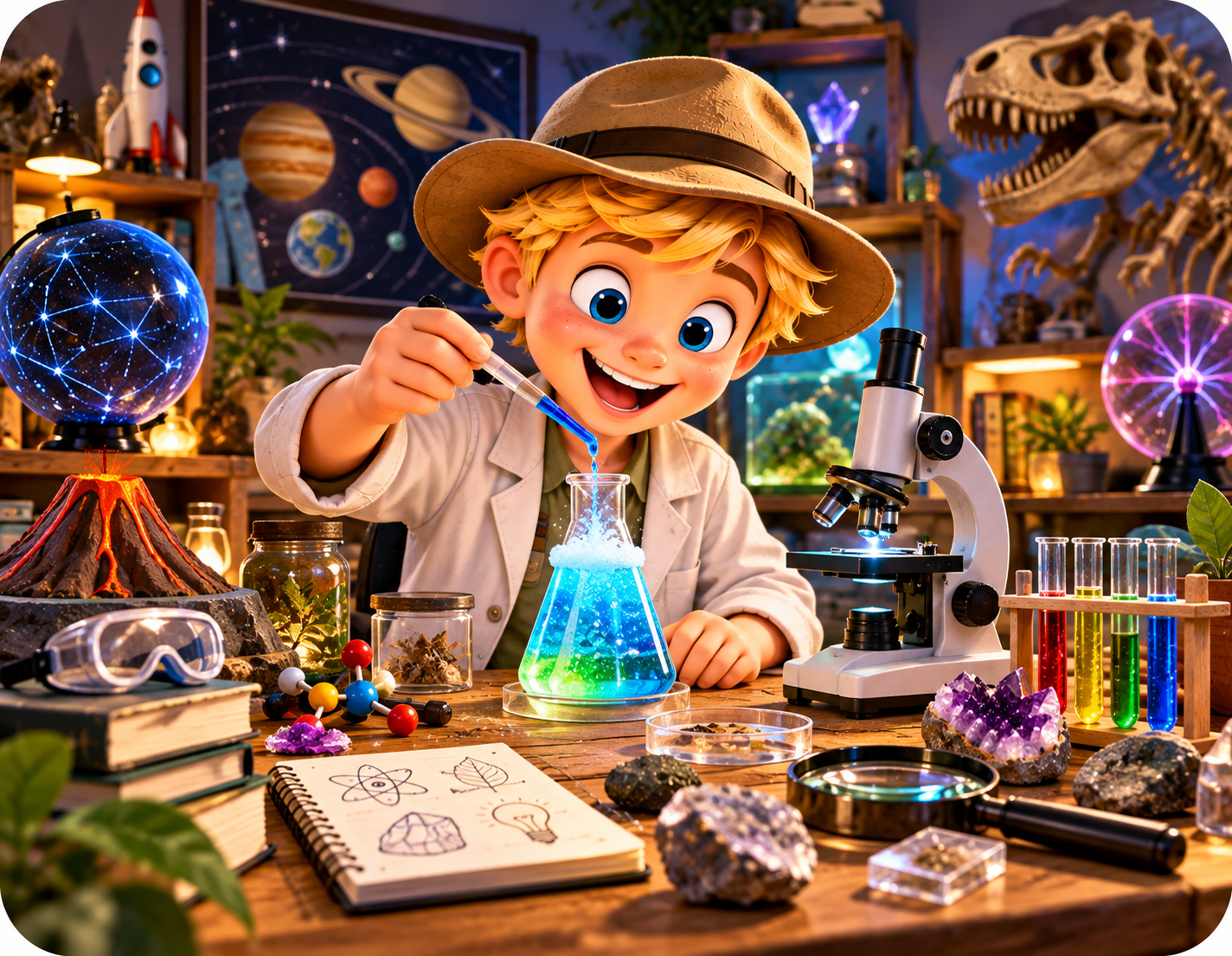 A young explorer in a lab coat dripping blue liquid into a glowing flask, surrounded by a microscope, test tubes, a plasma ball and crystals