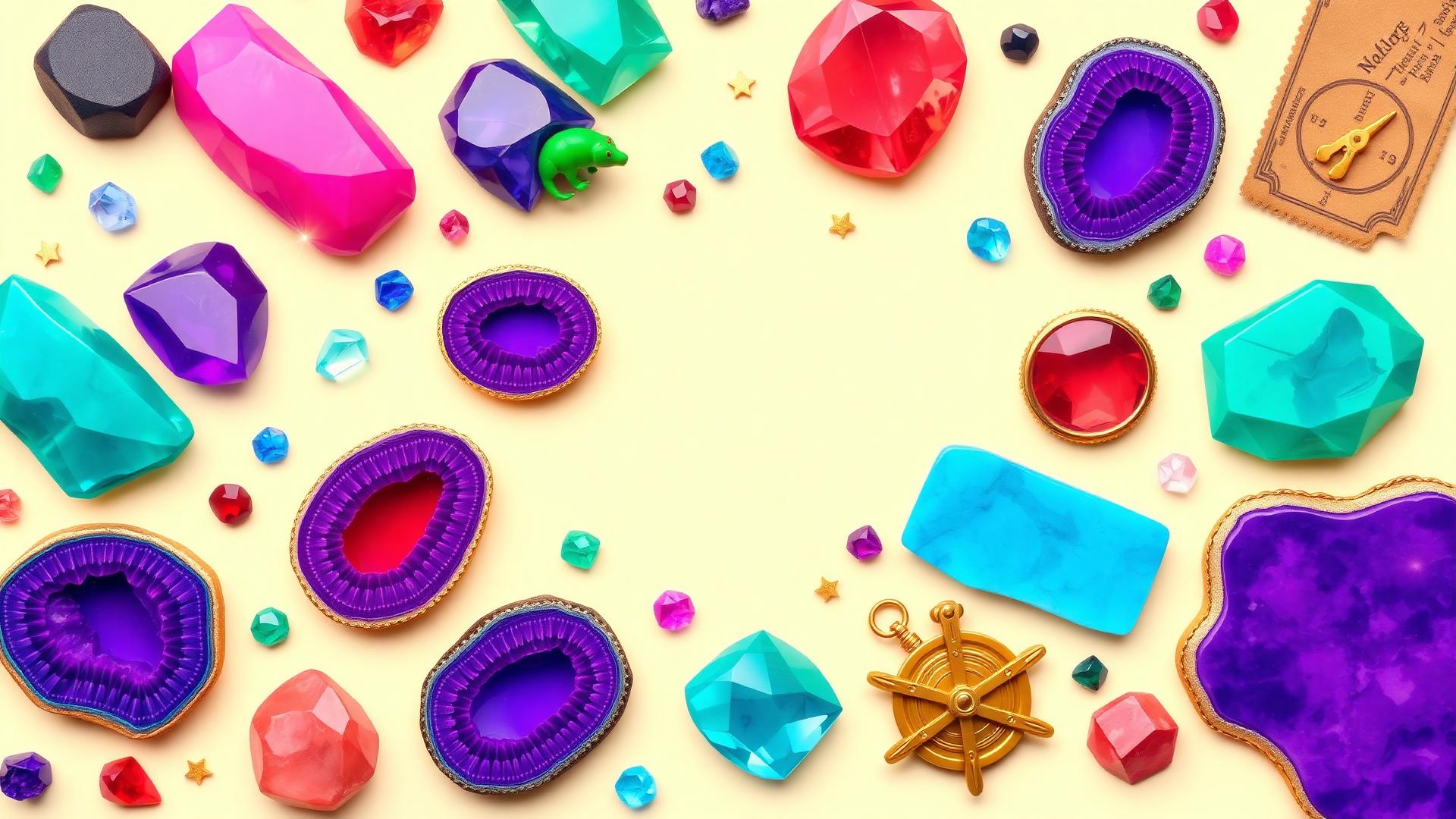 An open treasure chest overflowing with gems, fossils and glowing finds