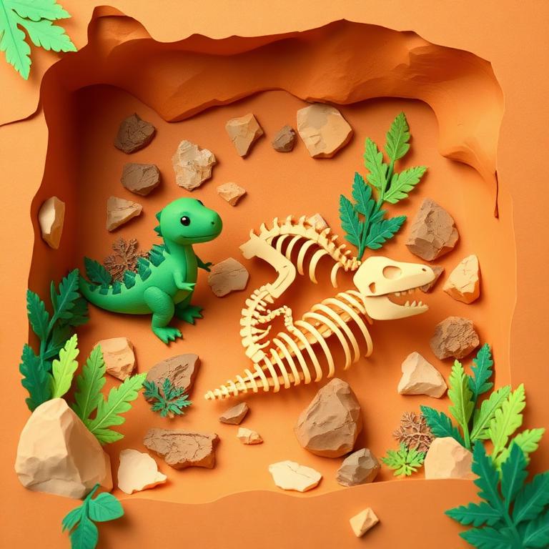 A friendly paper dinosaur beside a fossil excavation
