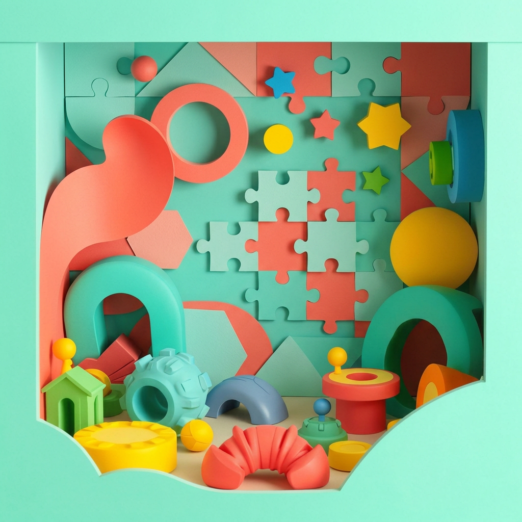 A colorful paper-cut world of tactile shapes, puzzles and fidgets