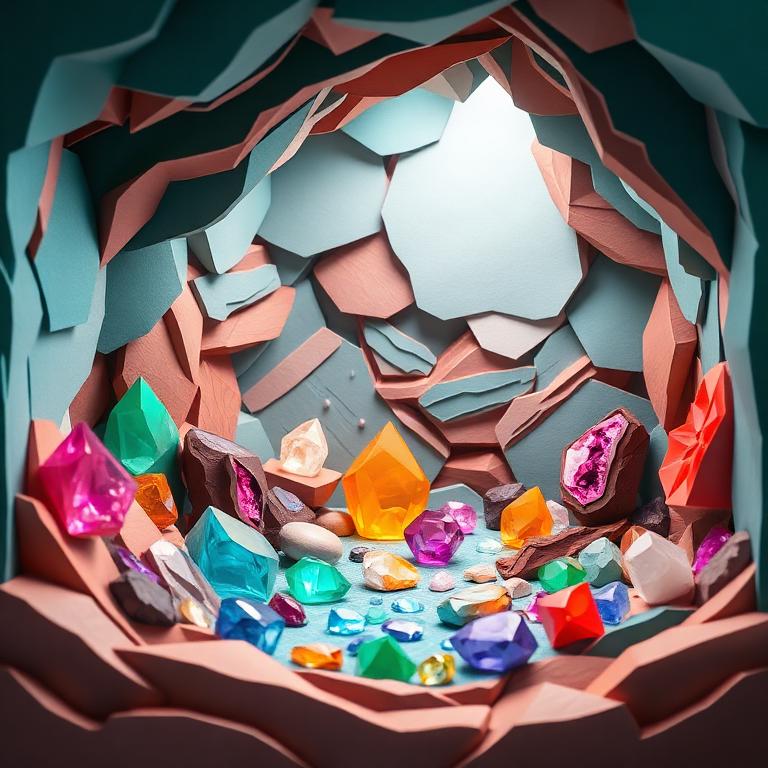 A colorful paper-cut cave filled with crystals, geodes and polished stones