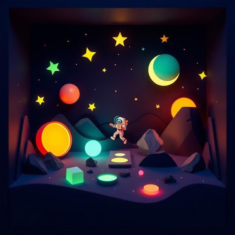 A glowing paper-cut space scene with stars, planets and a tiny astronaut