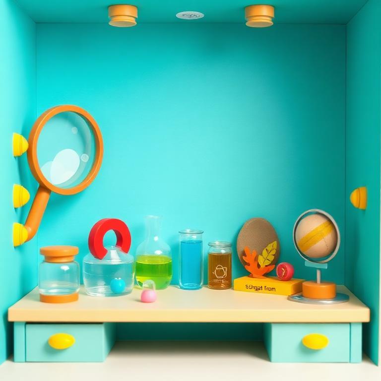 A paper-cut discovery lab with a magnifying glass, magnet and specimens