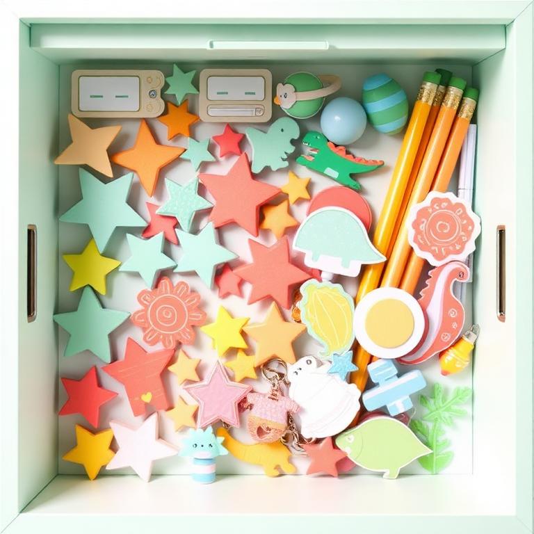 A colorful paper-cut stash of stickers, pencils and tiny discoveries