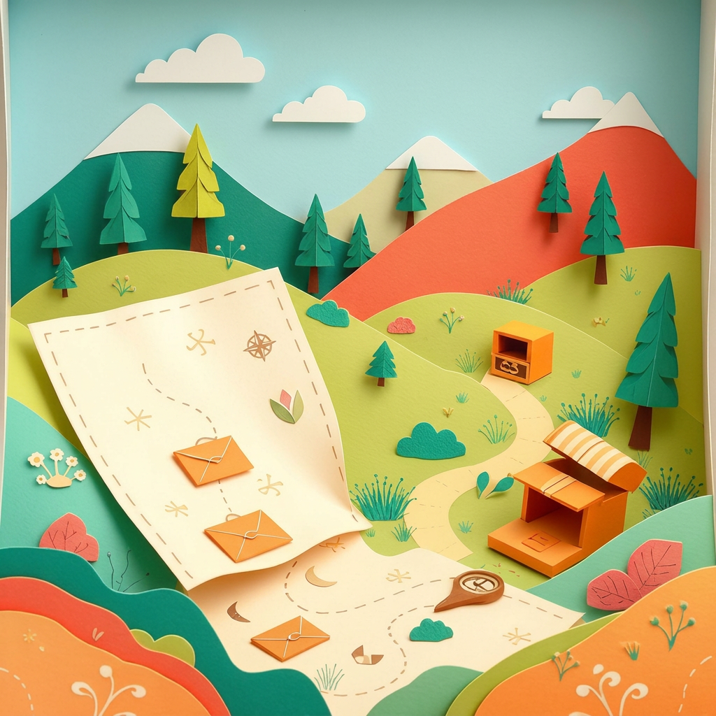 A paper-cut treasure map winding through hills toward hidden chests